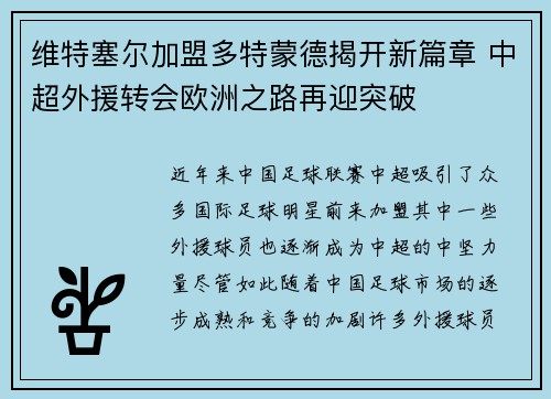维特塞尔加盟多特蒙德揭开新篇章 中超外援转会欧洲之路再迎突破 维特塞尔加盟多特蒙德揭开新篇章 中超外援转会欧洲之路再迎突破